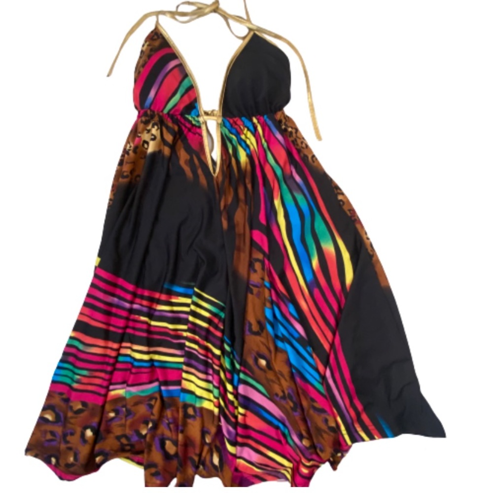 SYMPHONY Dress Multicolor Halter Leopard Tunic Swim Cover Blouse Paded Cups M/L